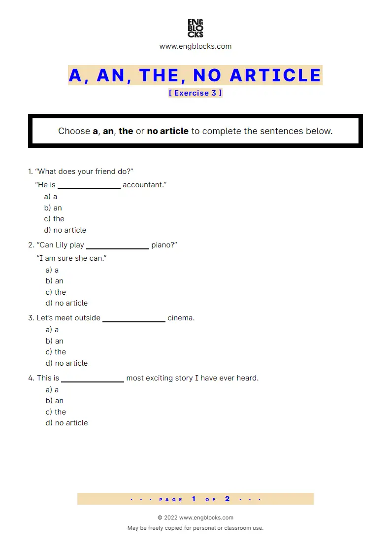 Grammar Worksheet: A, an, the, no article — Exercise 3