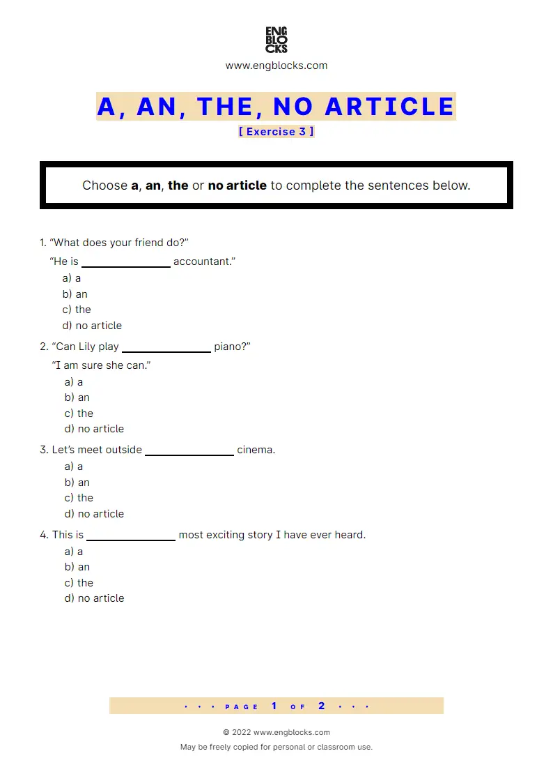 Grammar Worksheet: A, an, the, no article — Exercise 3