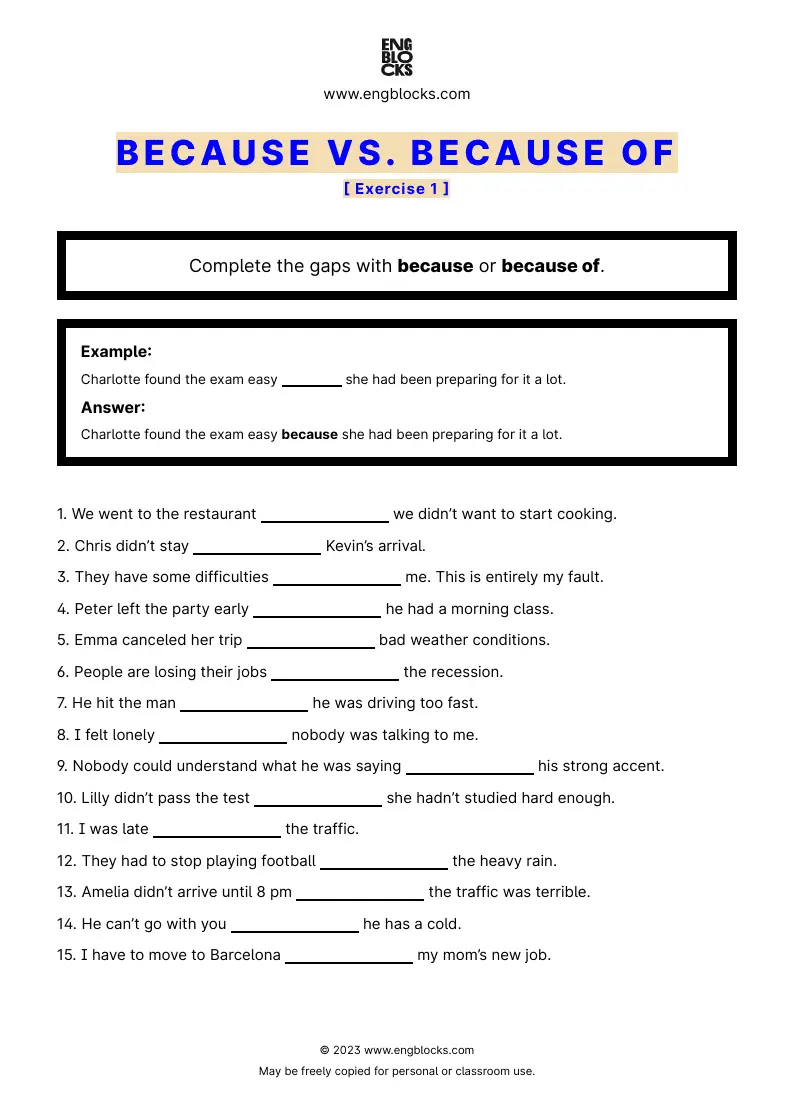 Grammar Worksheet: Because and Because of — Exercise 1