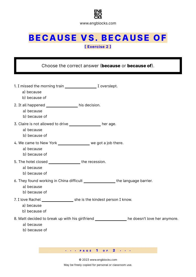 Grammar Worksheet: Because and Because of — Exercise 2