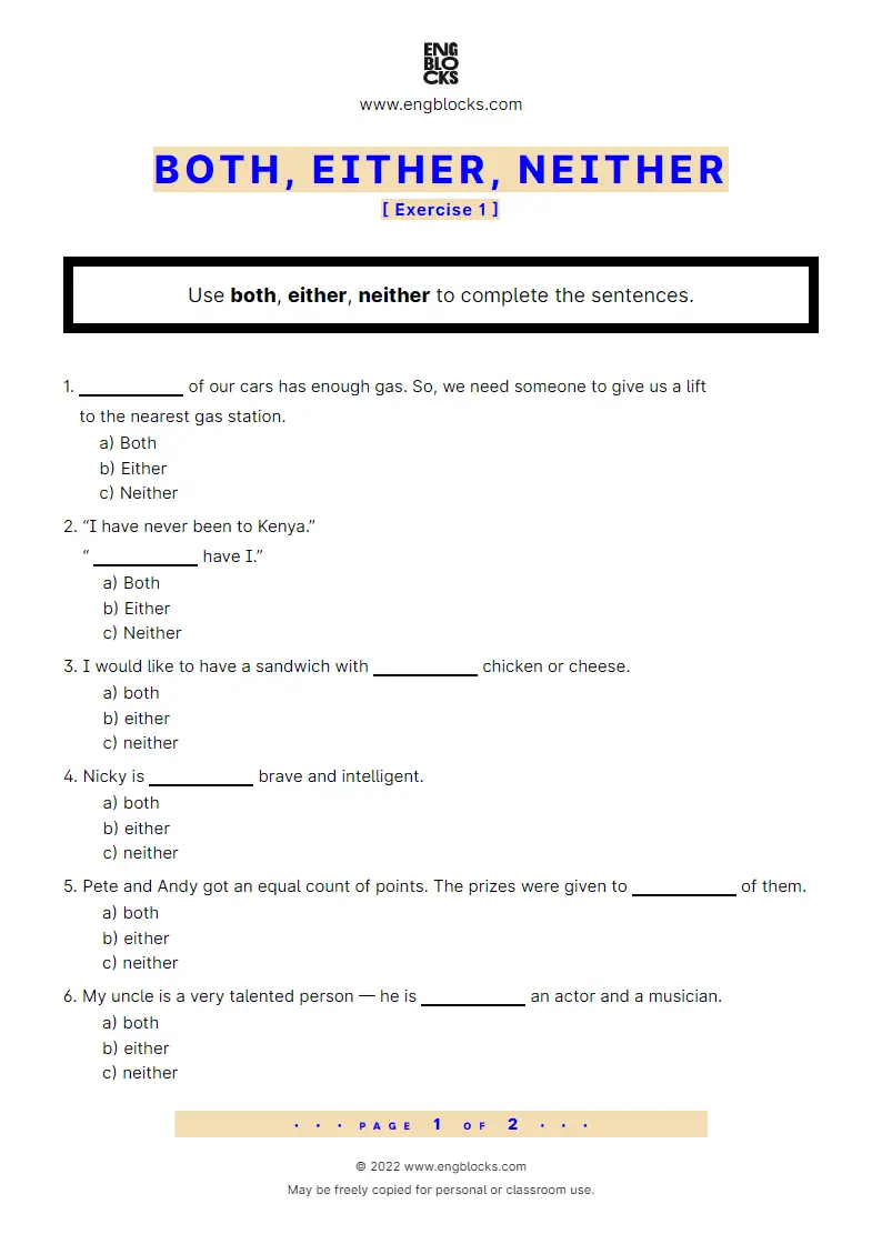 Grammar Worksheet: Both, Either, Neither — Exercise 1