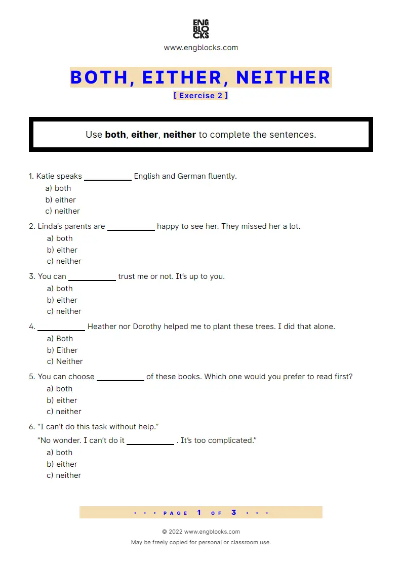 Grammar Worksheet: Both, Either, Neither — Exercise 2