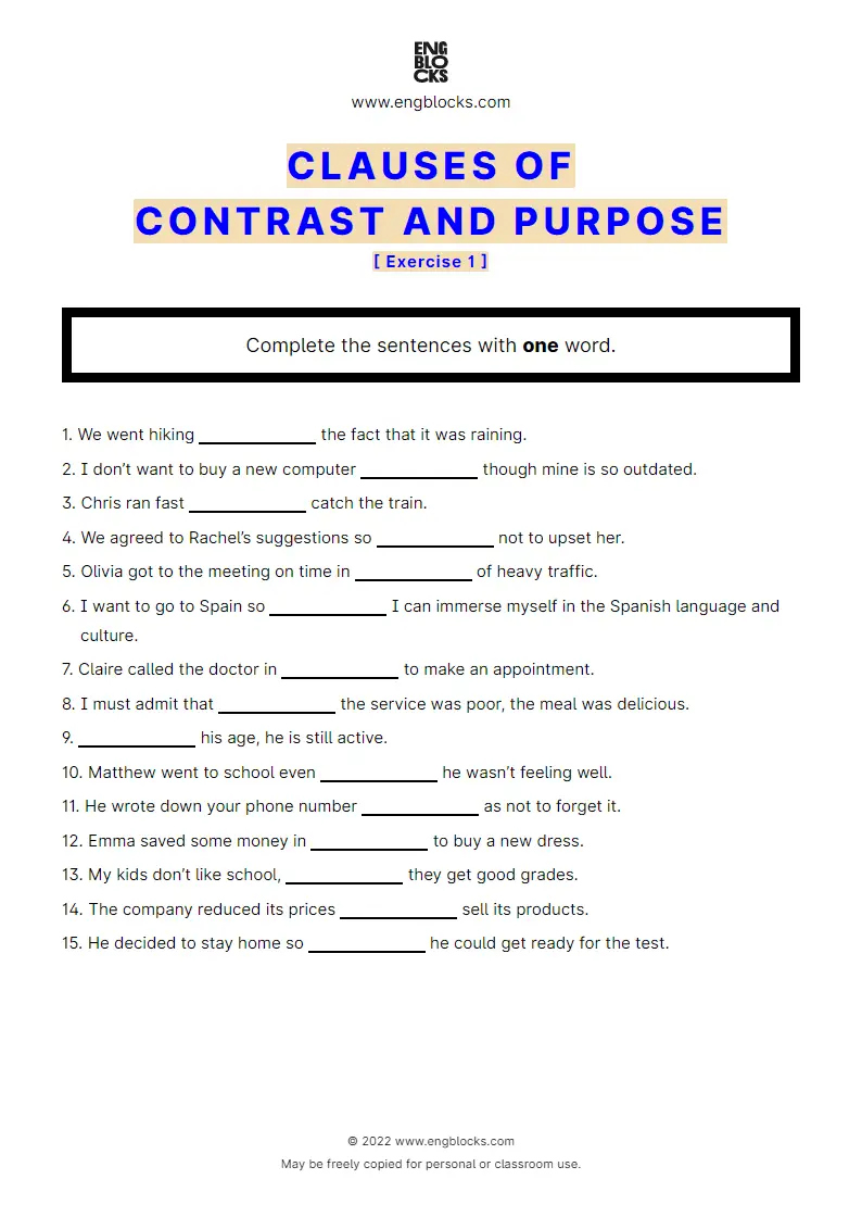 Grammar Worksheet: Clauses of contrast and purpose — Exercise 1