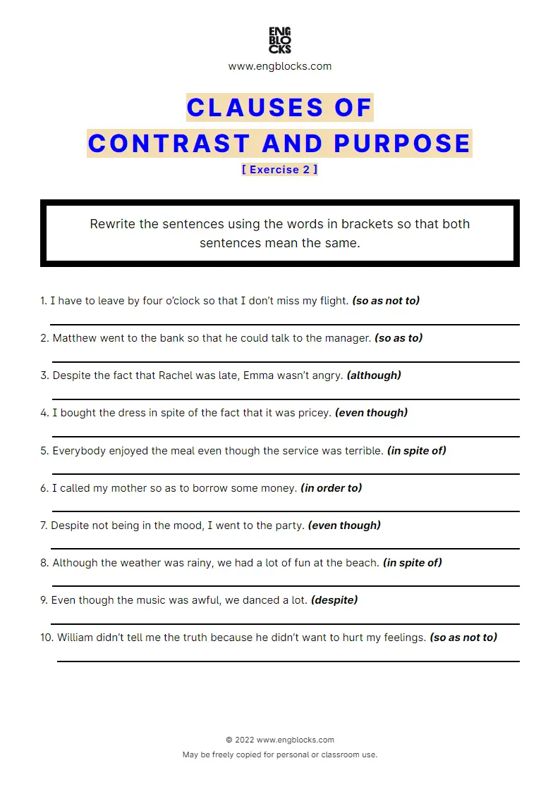 Grammar Worksheet: Clauses of contrast and purpose — Exercise 2