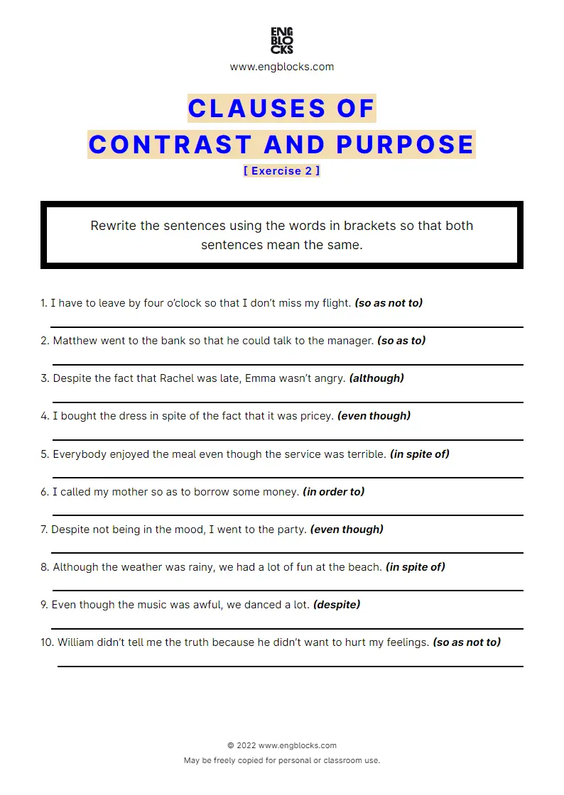 Grammar Worksheet: Clauses of contrast and purpose — Exercise 2