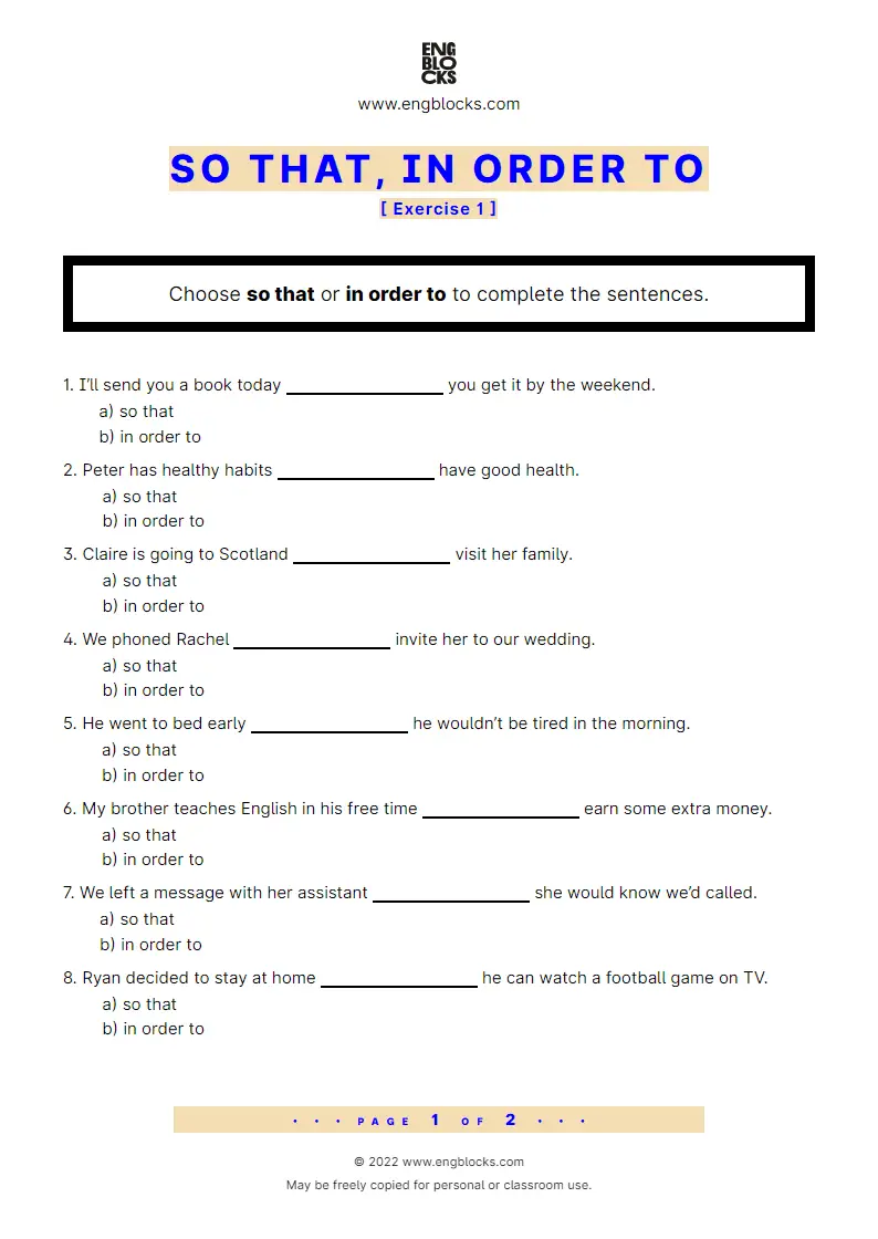 Grammar Worksheet: So that, In order to — Exercise 1