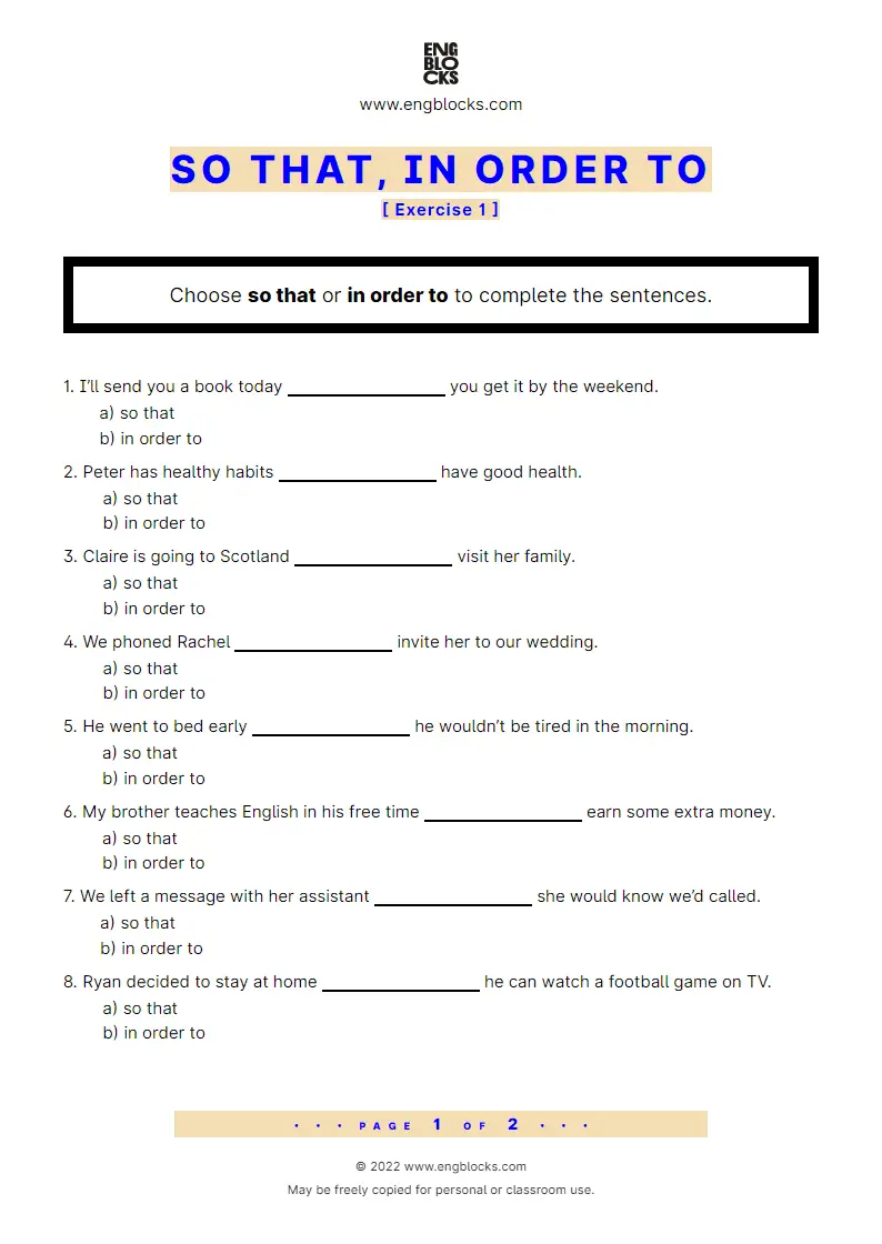 Grammar Worksheet: So that, In order to — Exercise 1