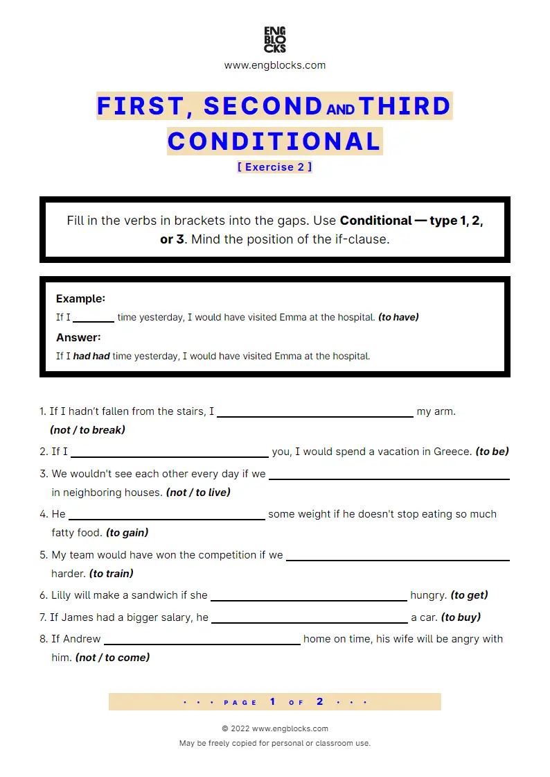 Grammar Worksheet: Conditional sentences — Type 1–3 — Exercise 2