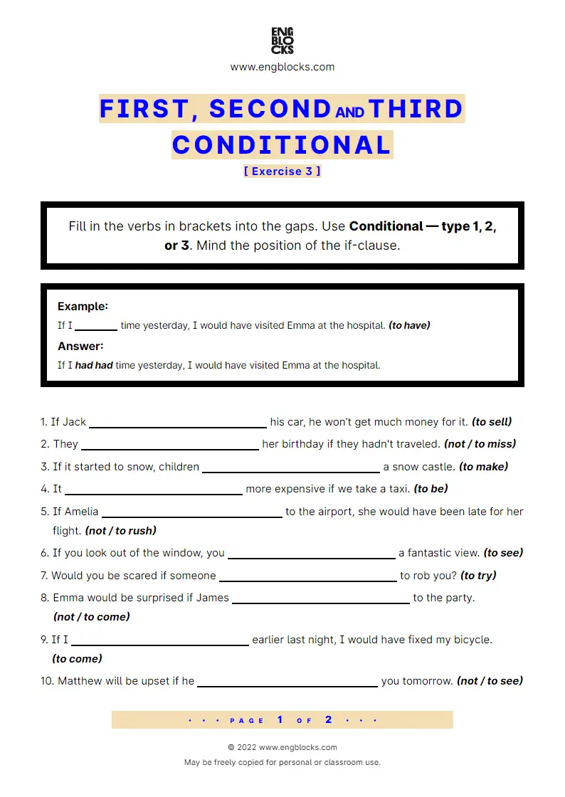 Grammar Worksheet: Conditional sentences — Type 1–3 — Exercise 3