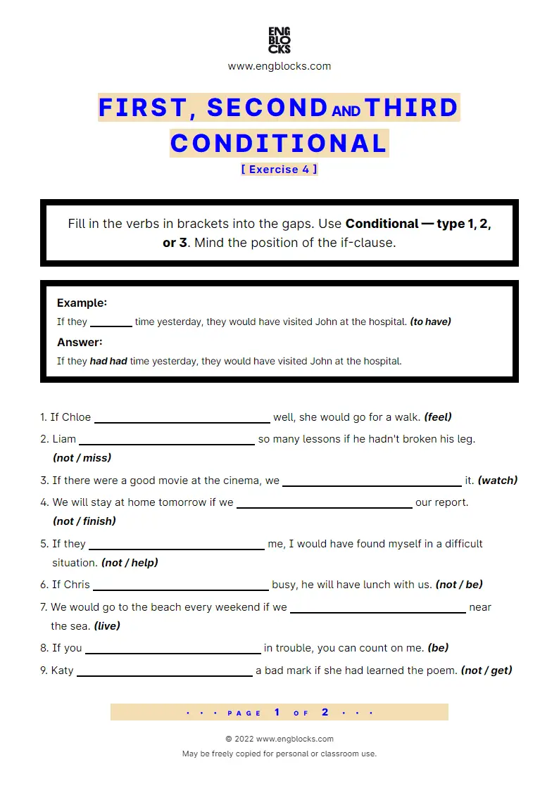 Grammar Worksheet: Conditional sentences — Type 1–3 — Exercise 4
