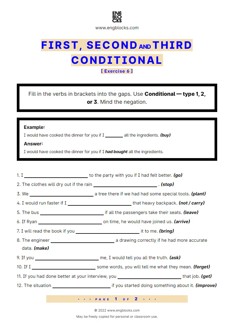 Grammar Worksheet: Conditional sentences — Type 1–3 — Exercise 6