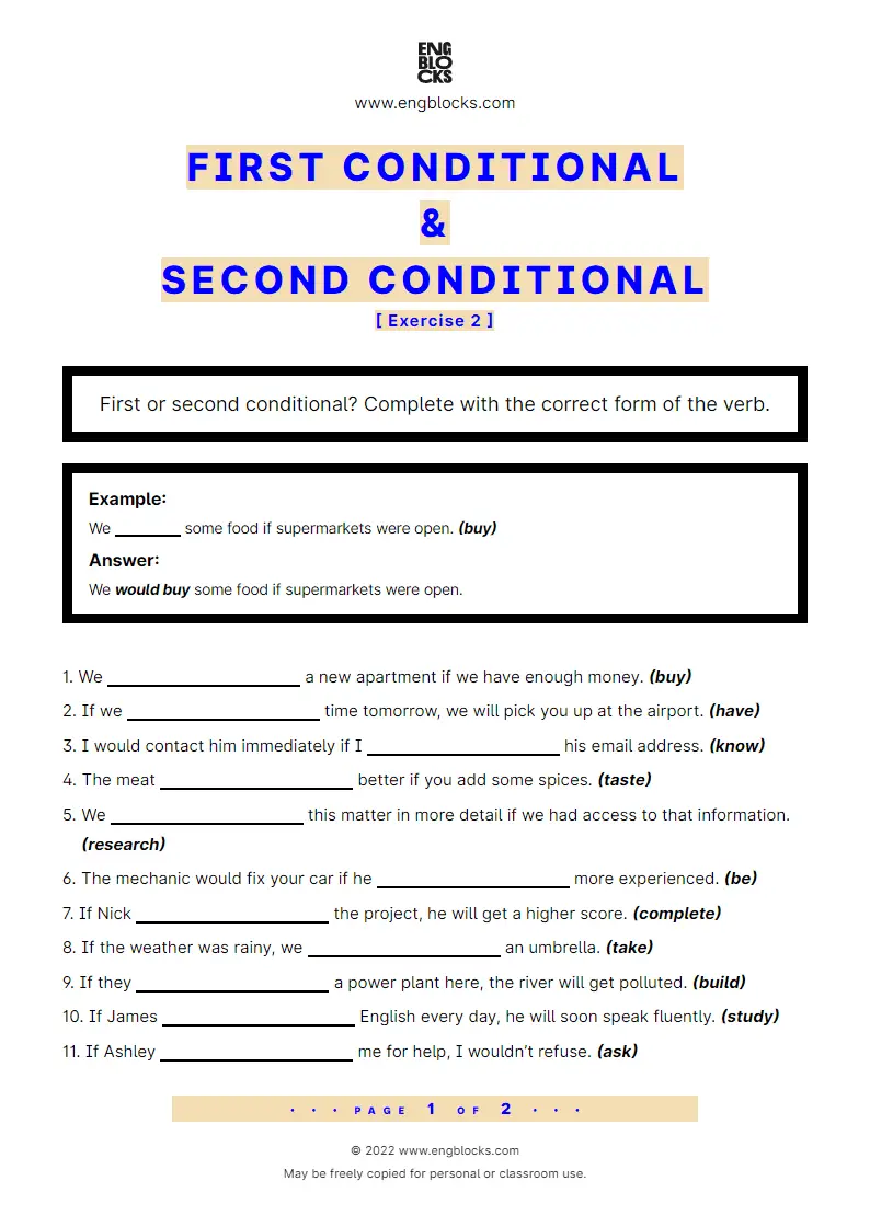 Grammar Worksheet: Conditional sentences — Type 1 and Type 2 — Exercise 2