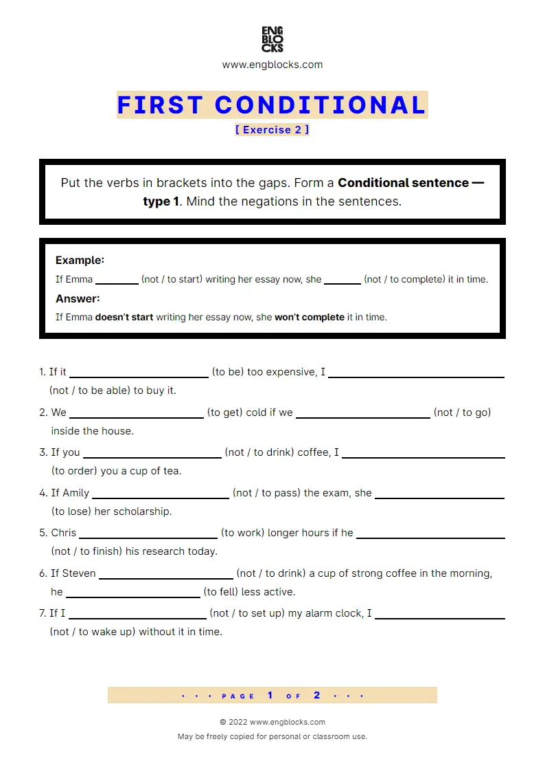 Grammar Worksheet: Conditional sentences — Type 1 — Negative