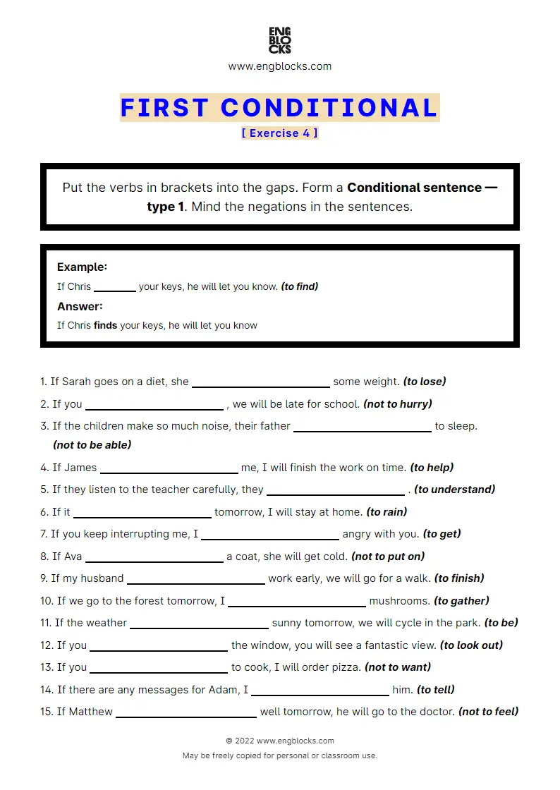 Grammar Worksheet: Conditional sentences — Type 1 — Positive and Negative — Exercise 2