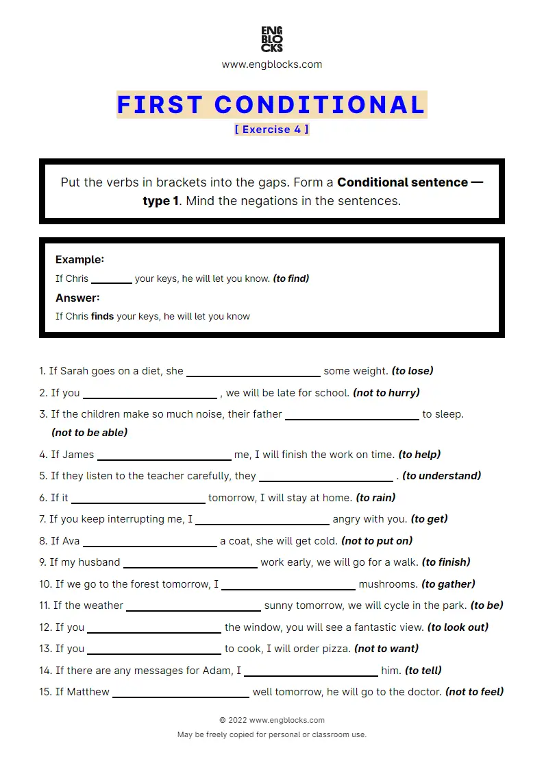 Grammar Worksheet: Conditional sentences — Type 1 — Positive and Negative — Exercise 2