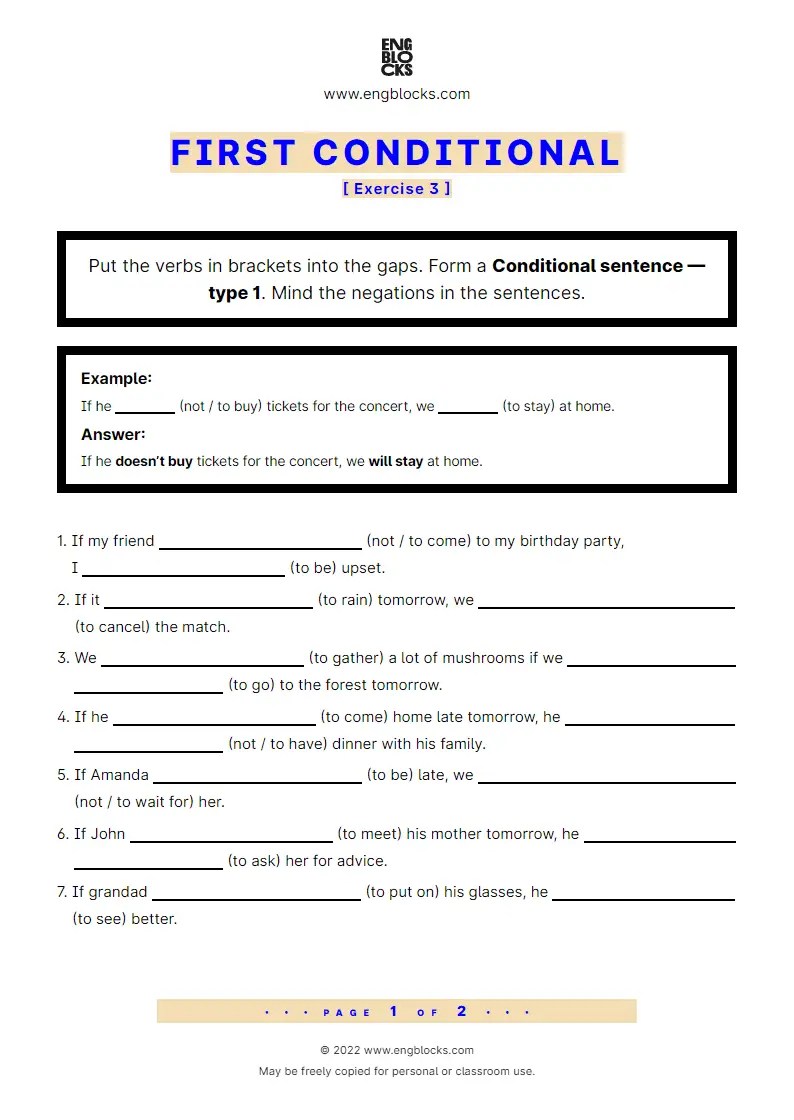 Grammar Worksheet: Conditional sentences — Type 1 — Positive and Negative