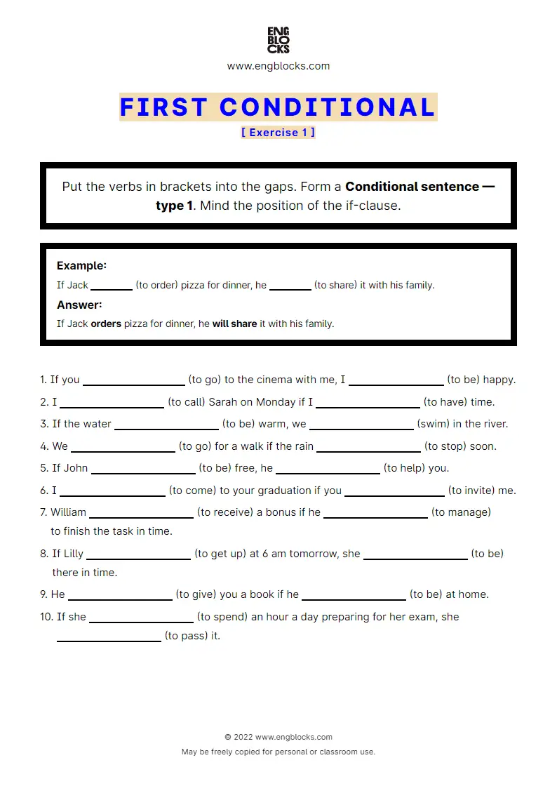 Grammar Worksheet: Conditional sentences — Type 1 — Positive