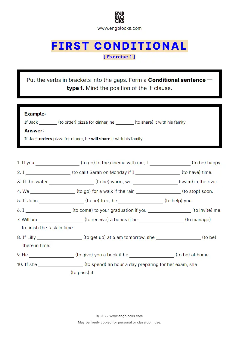 Grammar Worksheet: Conditional sentences — Type 1 — Positive