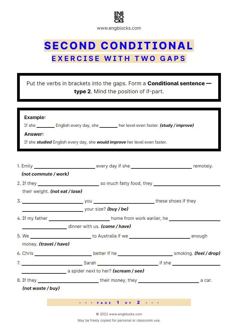 Grammar Worksheet: Conditional sentences — Type 2 — Exercise with two gaps