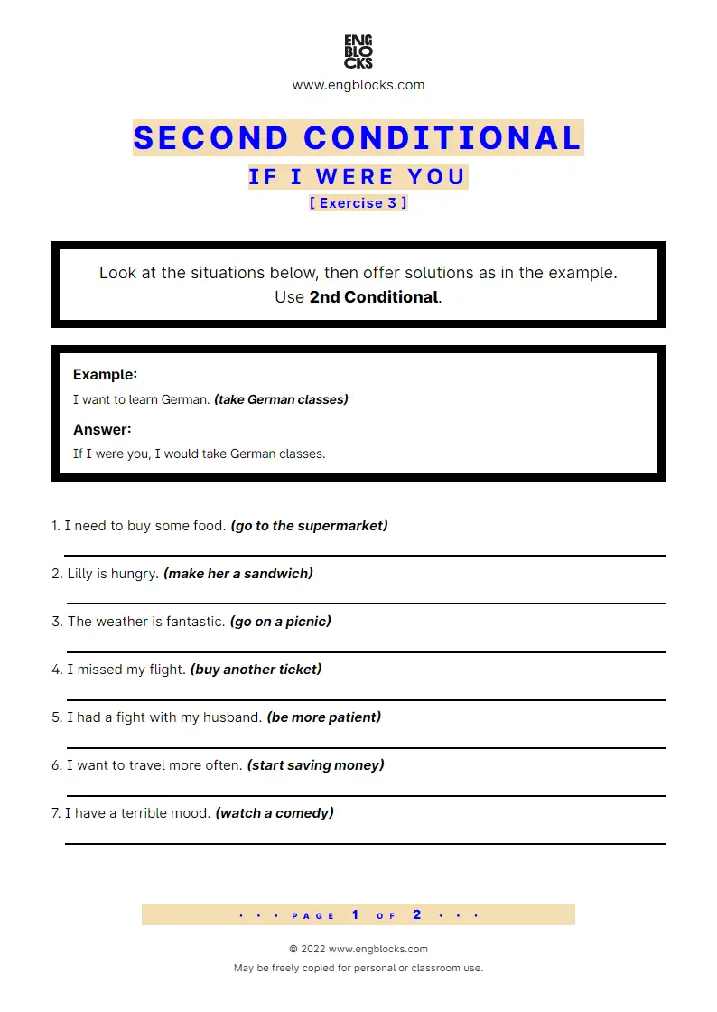 Grammar Worksheet: Conditional sentences — Type 2 — If I were you — Exercise 3