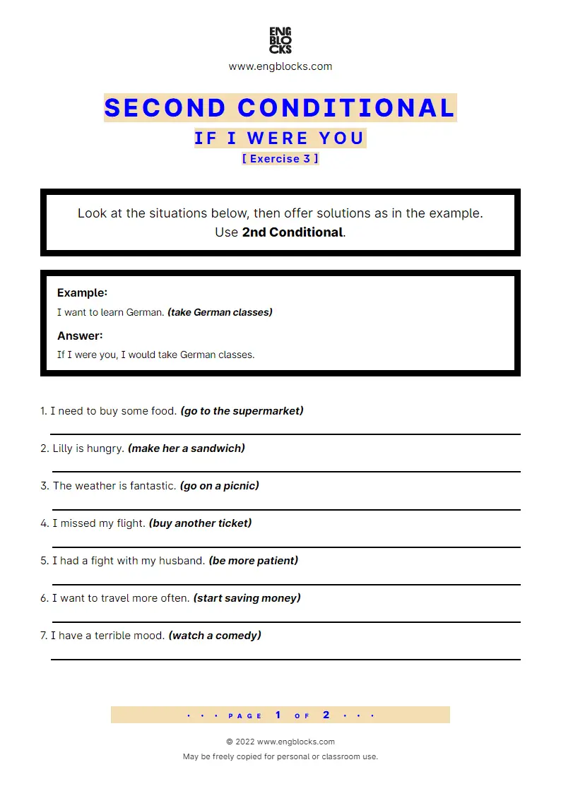 Grammar Worksheet: Conditional sentences — Type 2 — If I were you — Exercise 3