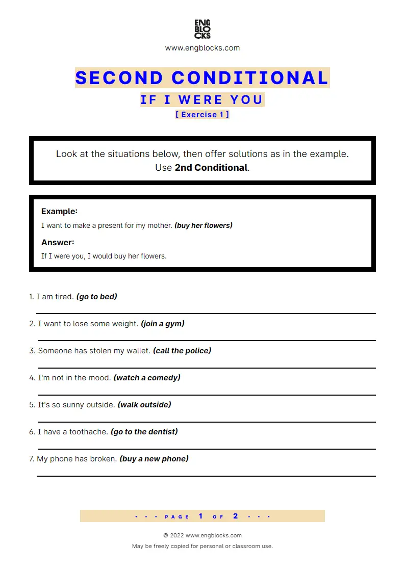 Grammar Worksheet: Conditional sentences — Type 2 — If I were you