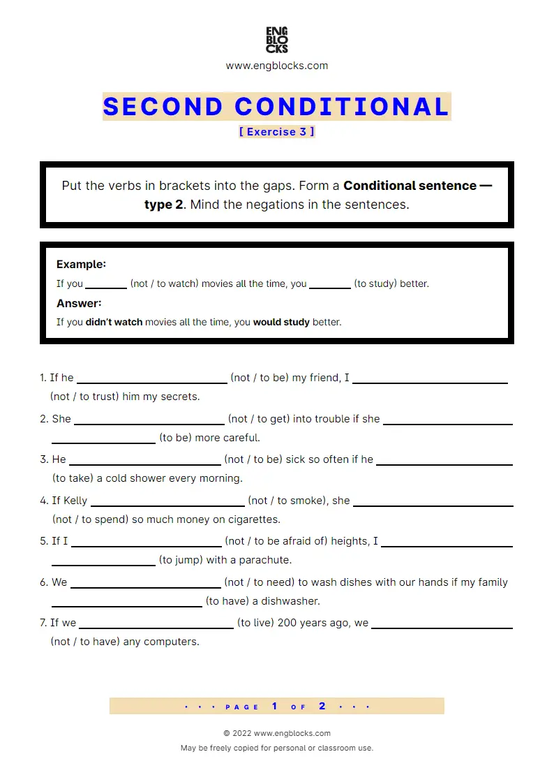 Grammar Worksheet: Conditional sentences — Type 2 — Negative