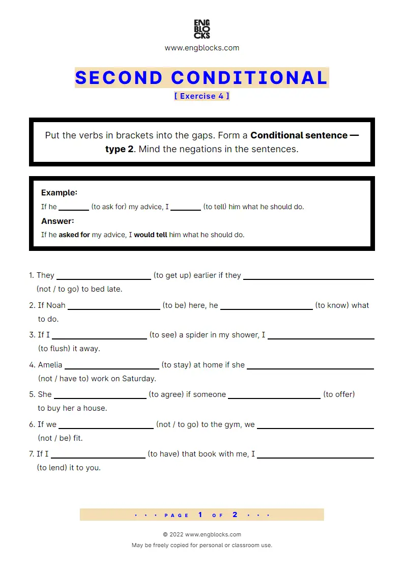 Grammar Worksheet: Conditional sentences — Type 2 — Positive and Negative