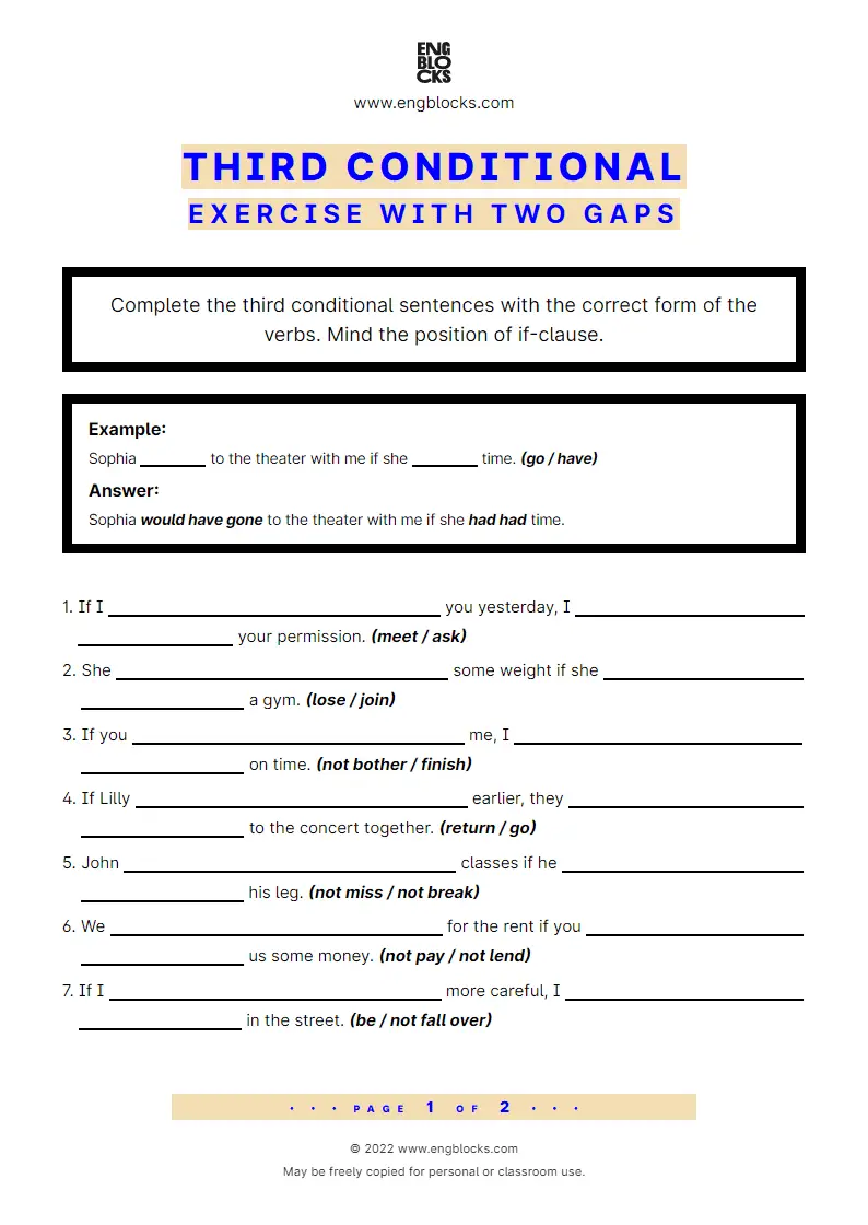 Grammar Worksheet: Conditional sentences — Type 3 — Exercise with two gaps