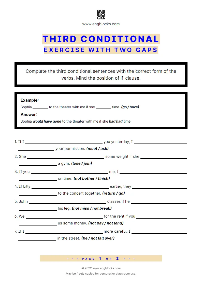 Grammar Worksheet: Conditional sentences — Type 3 — Exercise with two gaps