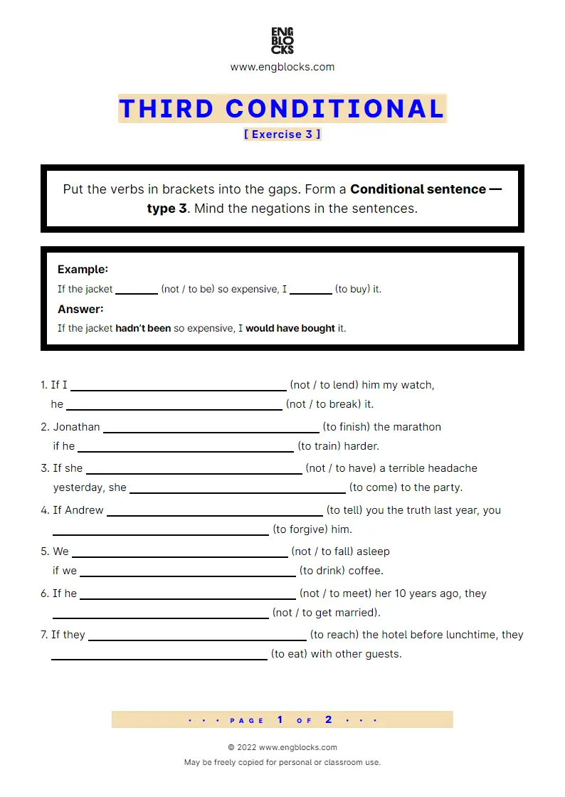 Grammar Worksheet: Conditional sentences — Type 3 — Positive and Negative