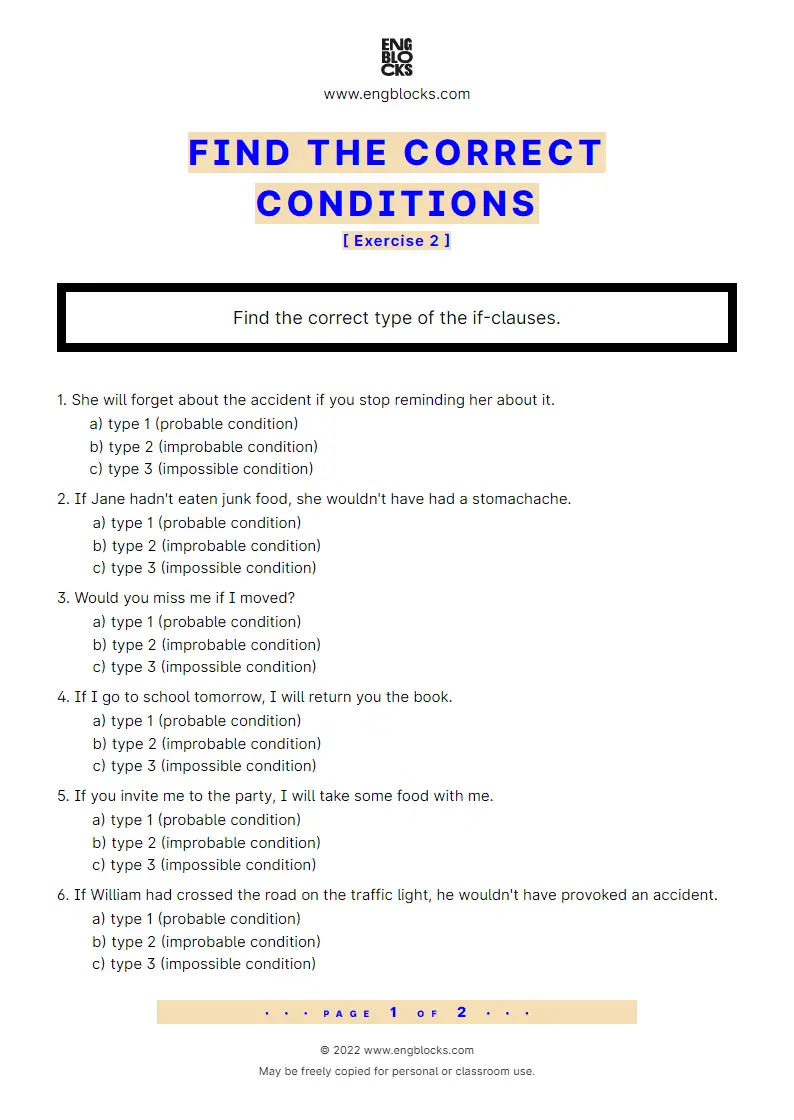Grammar Worksheet: Find the correct conditions — Exercise 2