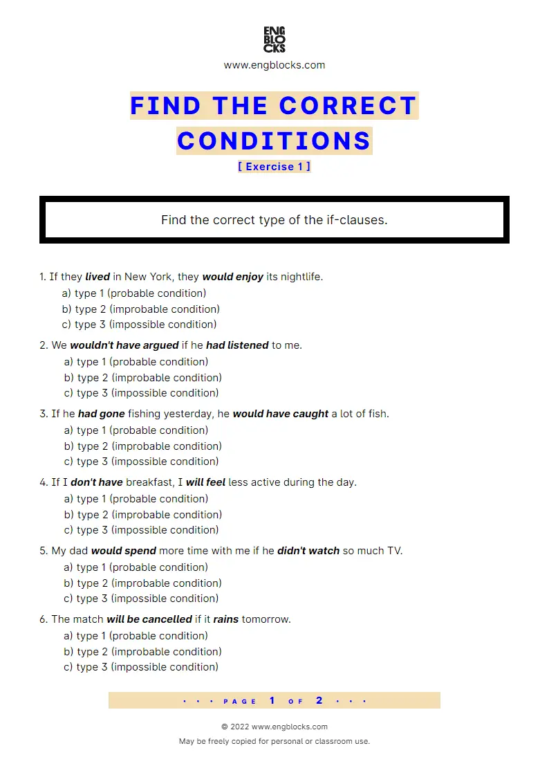 Grammar Worksheet: Find the correct conditions