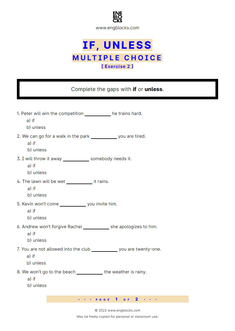 Grammar Worksheet: If, Unless — Multiple choice — Exercise 2