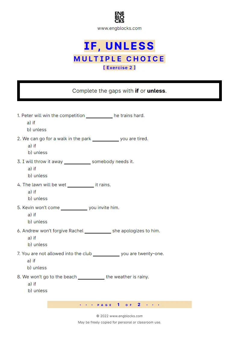 Grammar Worksheet: If, Unless — Multiple choice — Exercise 2