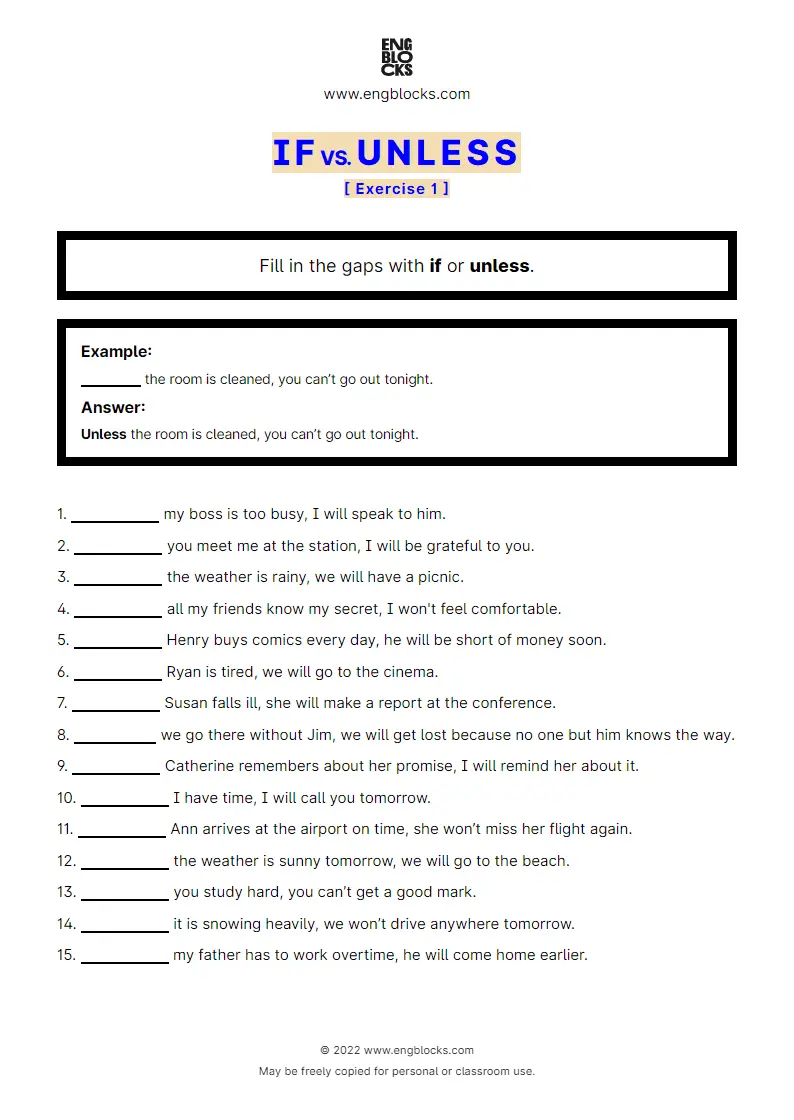 Grammar Worksheet: If vs. Unless — Exercise 1