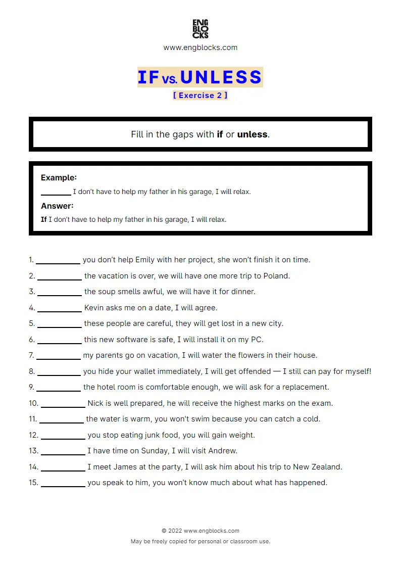 Grammar Worksheet: If vs. Unless — Exercise 2