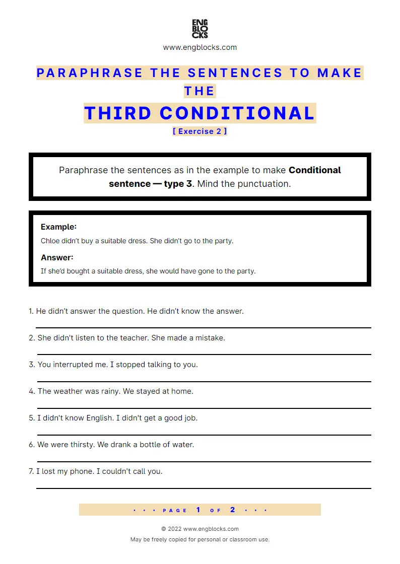 Grammar Worksheet: Paraphrase the sentences to form Conditional type 3 — Exercise 2