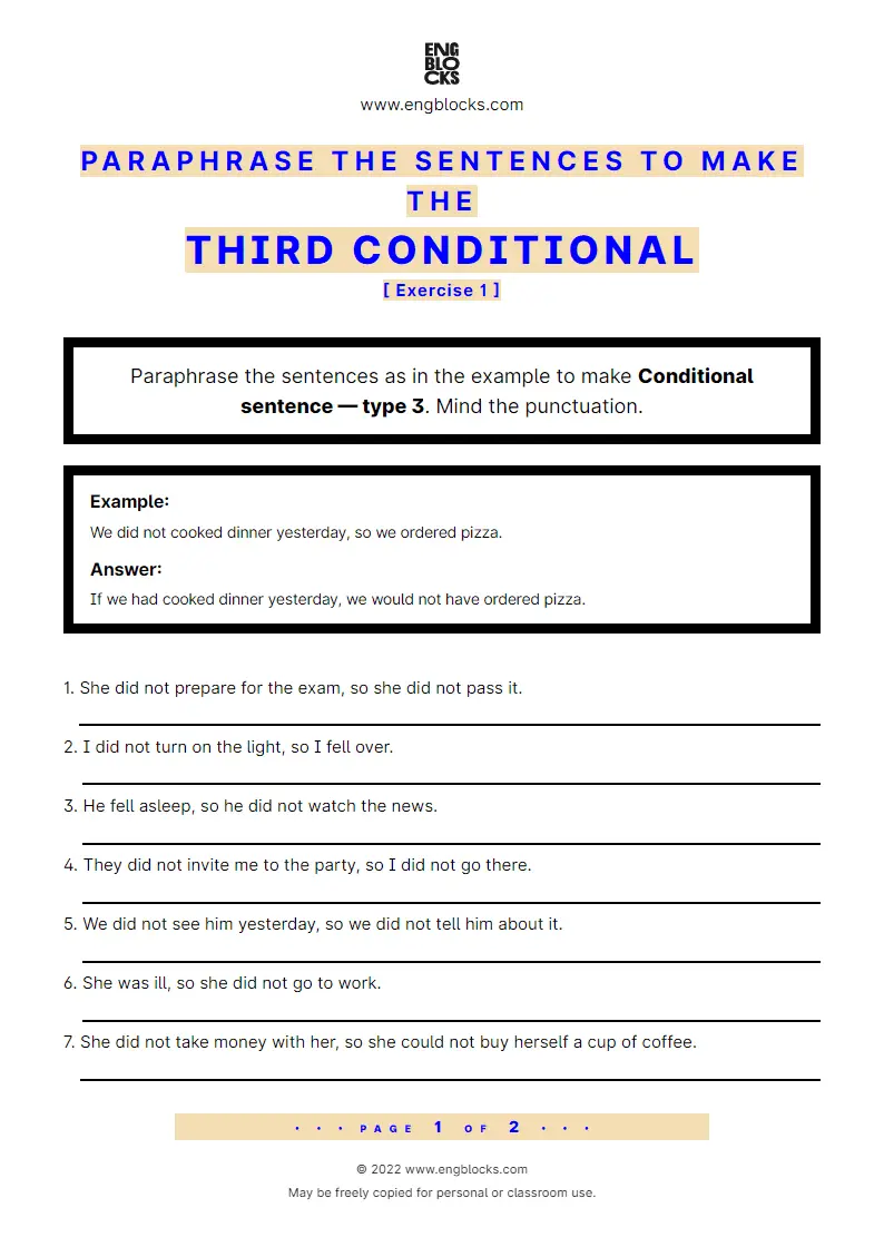 Grammar Worksheet: Paraphrase the sentences to form Conditional type 3