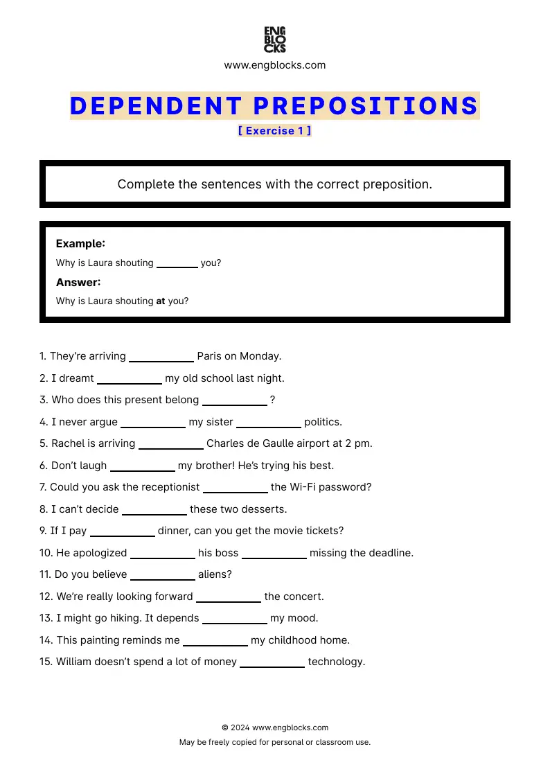 Grammar Worksheet: Dependent prepositions — Exercise 1