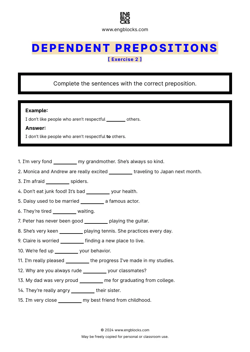 Grammar Worksheet: Dependent prepositions — Exercise 2