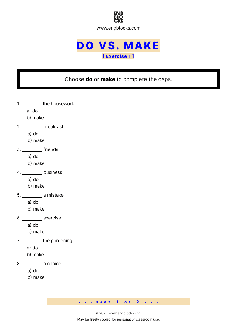 Grammar Worksheet: Do or Make — Exercise 1