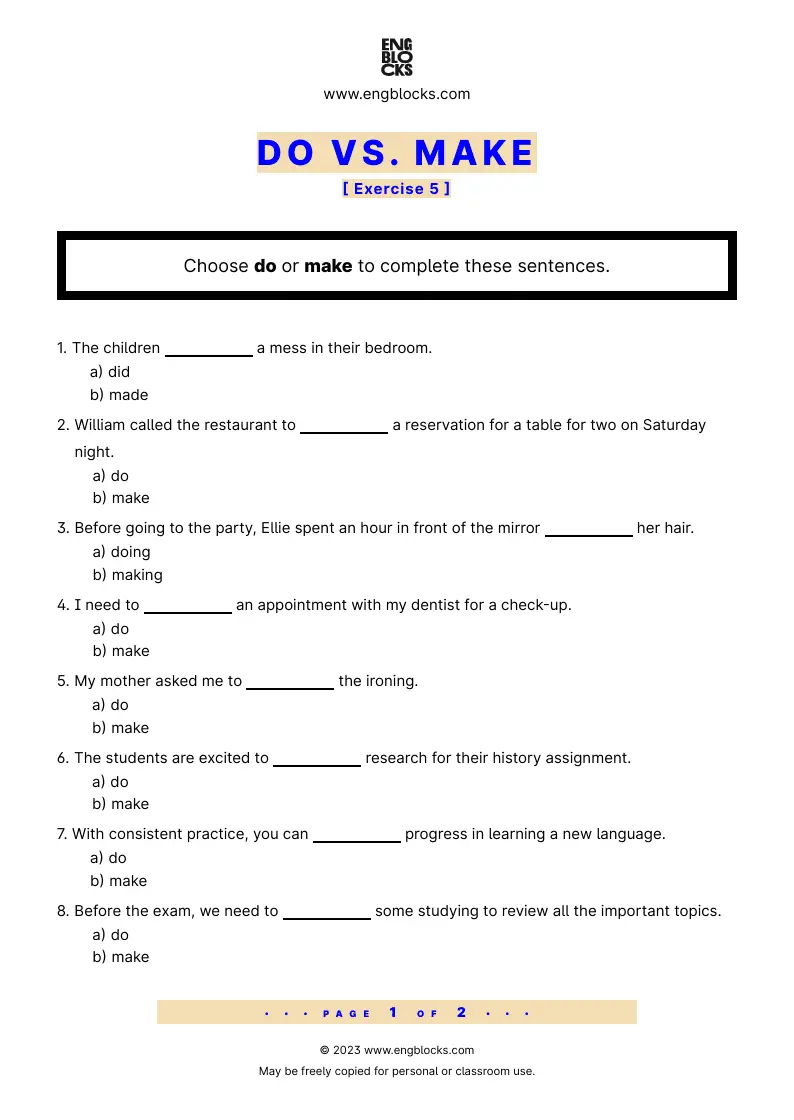 Grammar Worksheet: Do or Make — Exercise 5