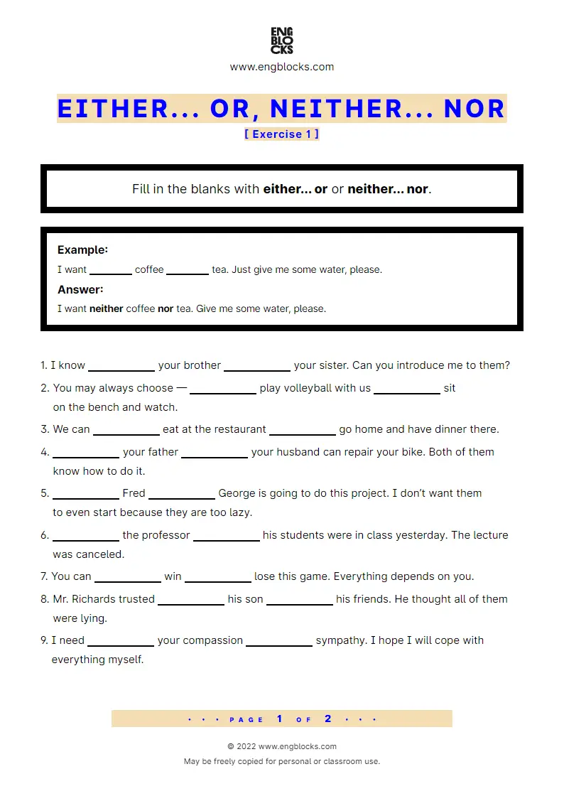 Grammar Worksheet: Either... or, Neither... nor — Exercise 1