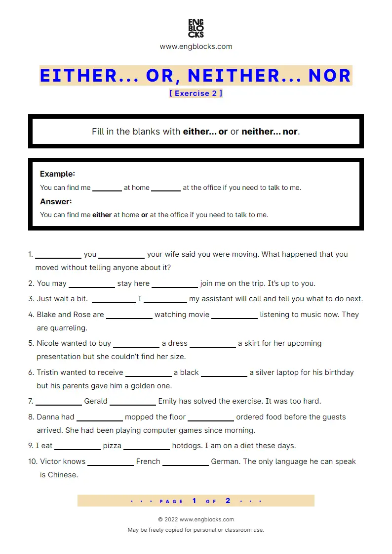 Grammar Worksheet: Either... or, Neither... nor — Exercise 2