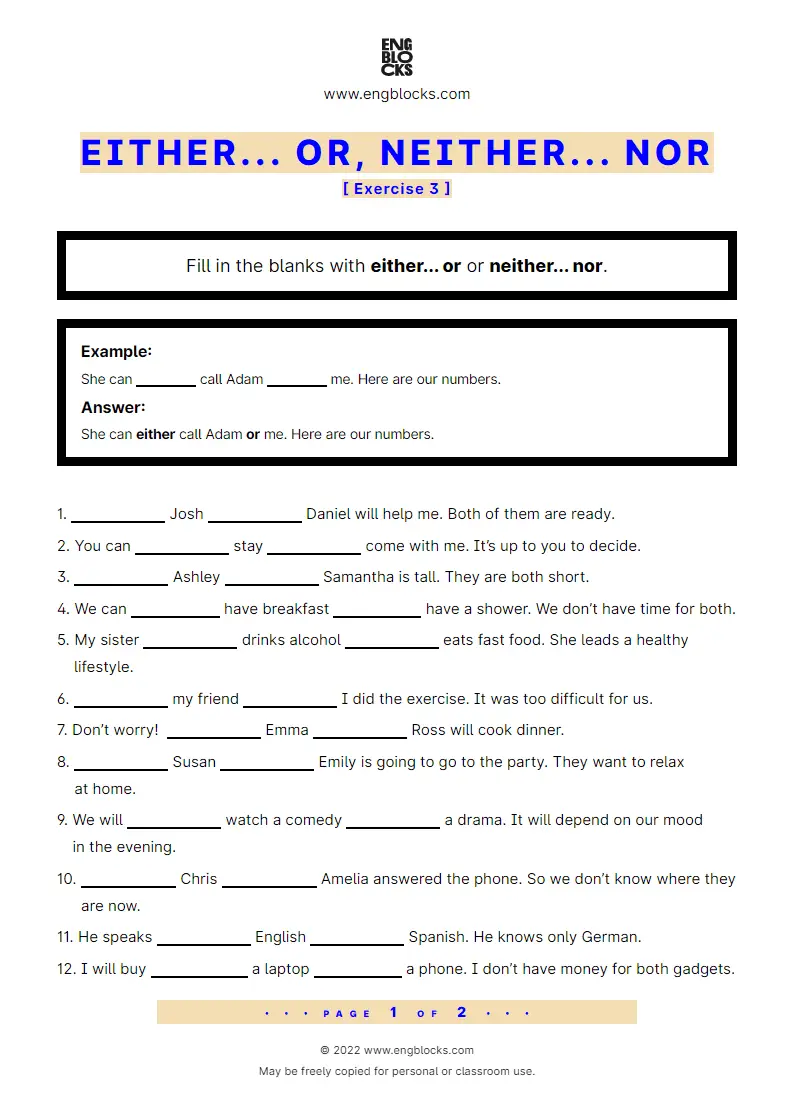 Grammar Worksheet: Either... or, Neither... nor — Exercise 3