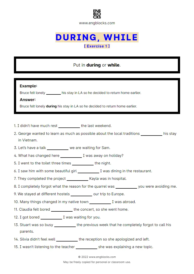 Grammar Worksheet: during vs. while