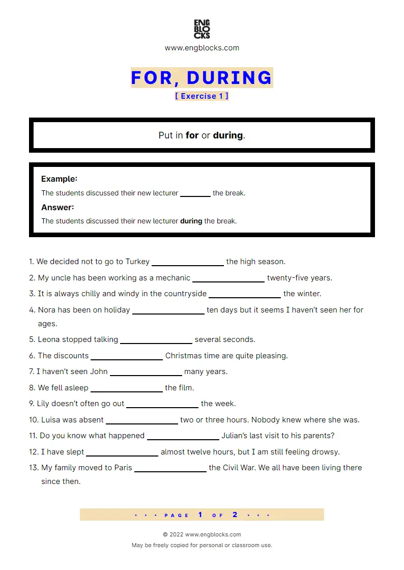 Grammar Worksheet: for vs. during