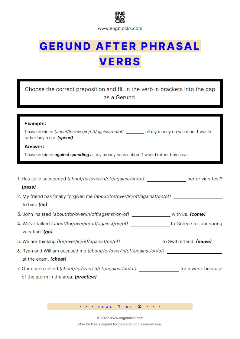 Grammar Worksheet: Gerund after phrasal verbs