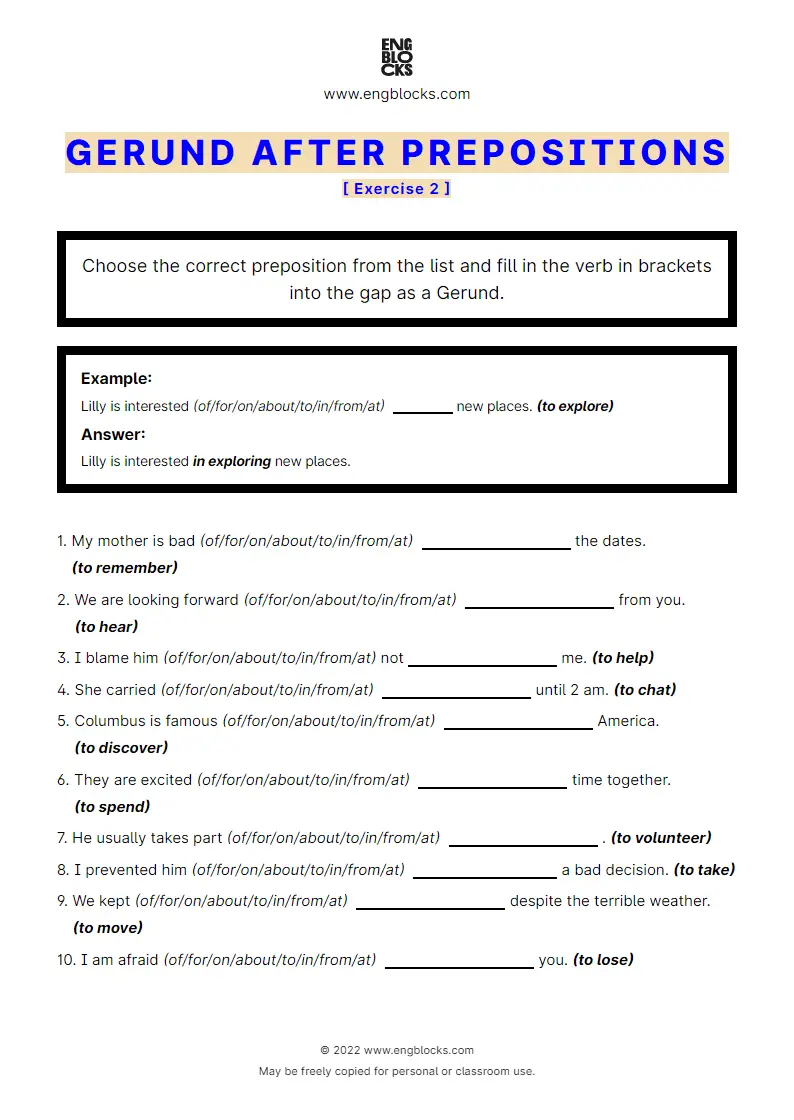 Grammar Worksheet: Gerund after prepositions — Exercise 2